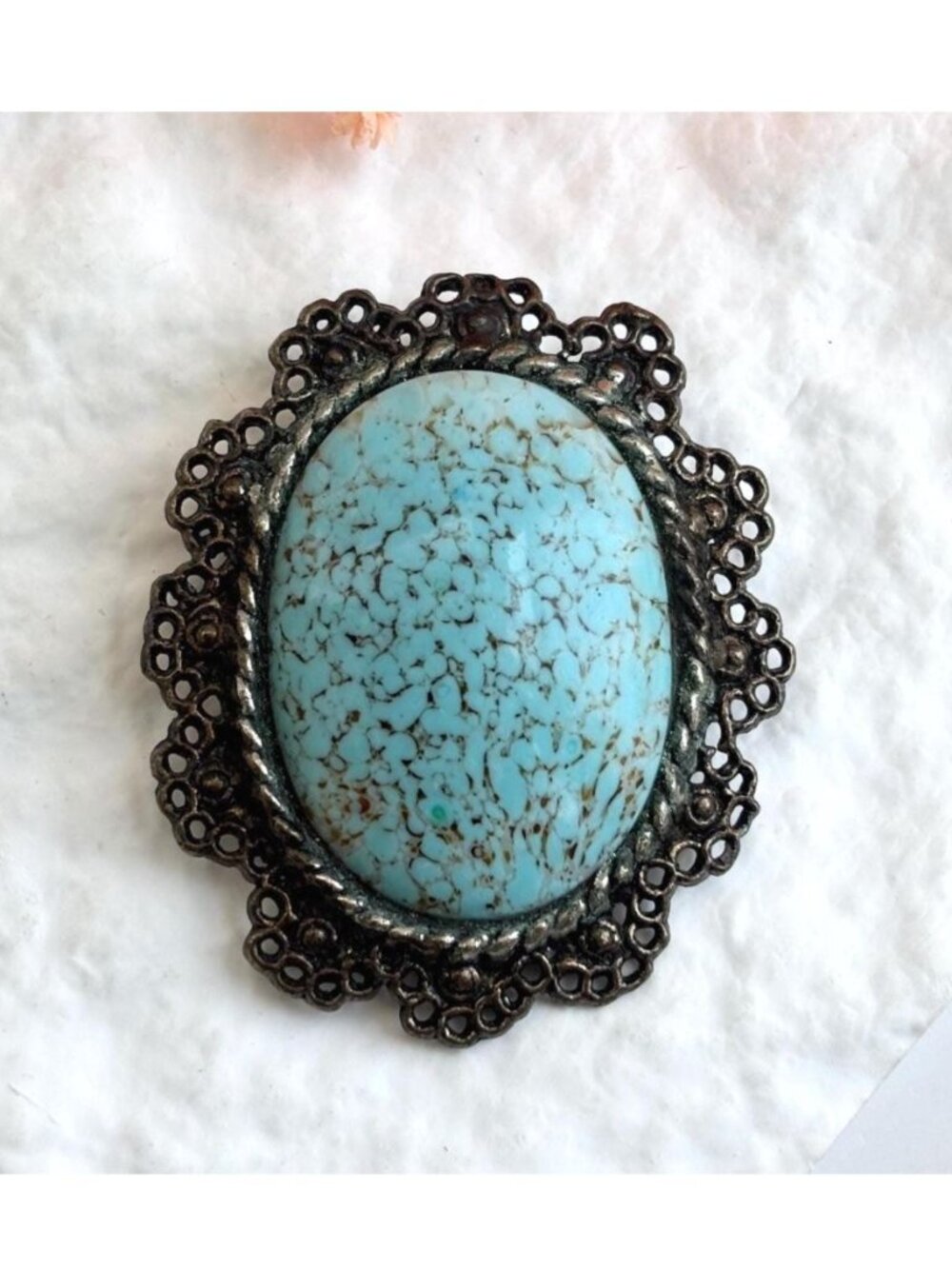Faux Turquoise Accented Ornate Oval Framed Vintage Brooch | Pin